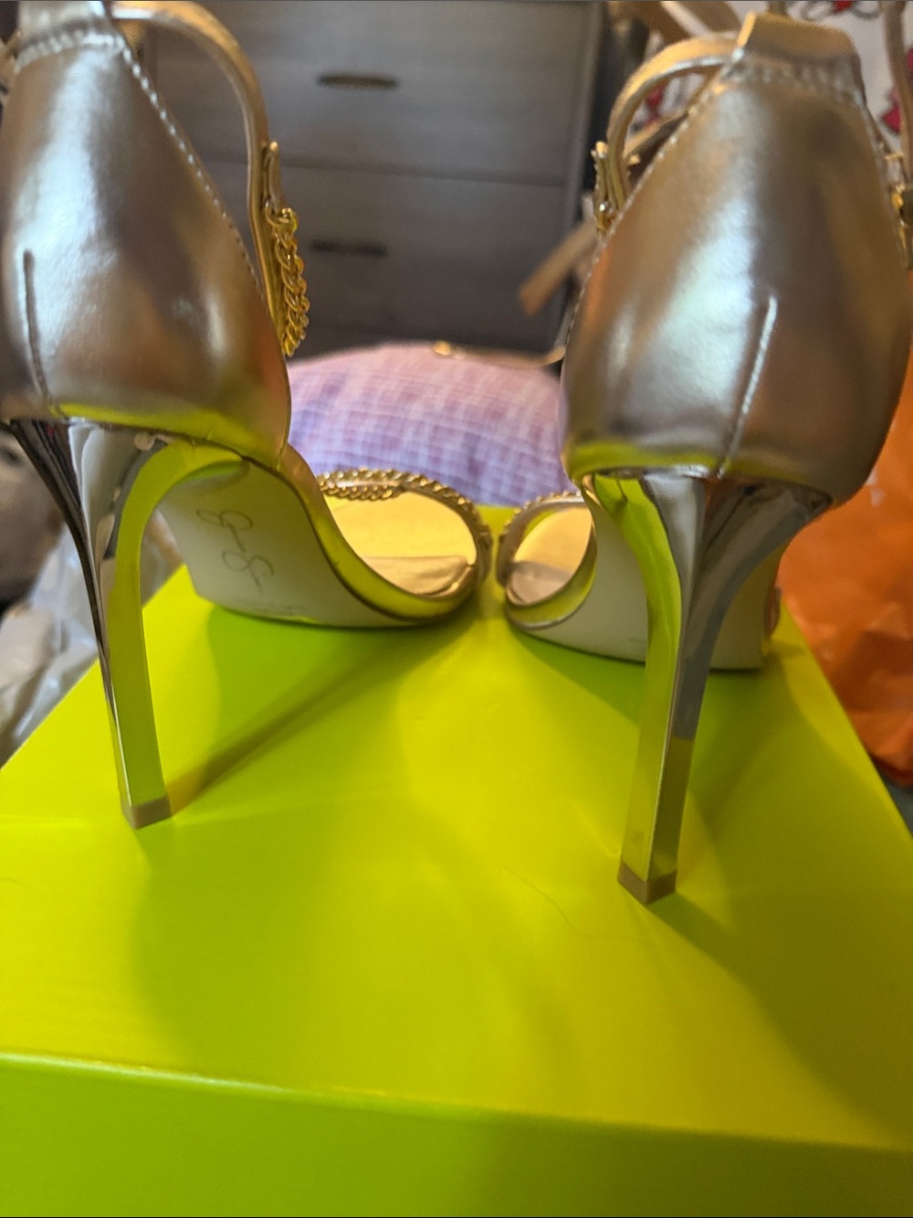 Jessica Simpson Metallic Gold Chain T-Strap Heels - Picture 3 of 4
